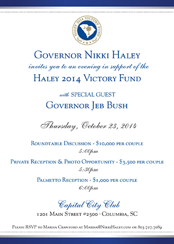 invitation for Jeb Bush event for Gov. Nikki Haley