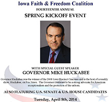 graphic for huckabee appearance at Iowa FFC spring kickoff event on April 8, 2014