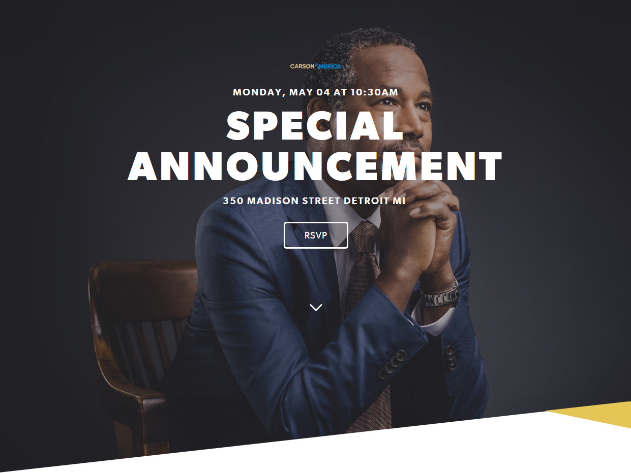 graphic for ben carson announcement in detroit, mi on may 4, 2015