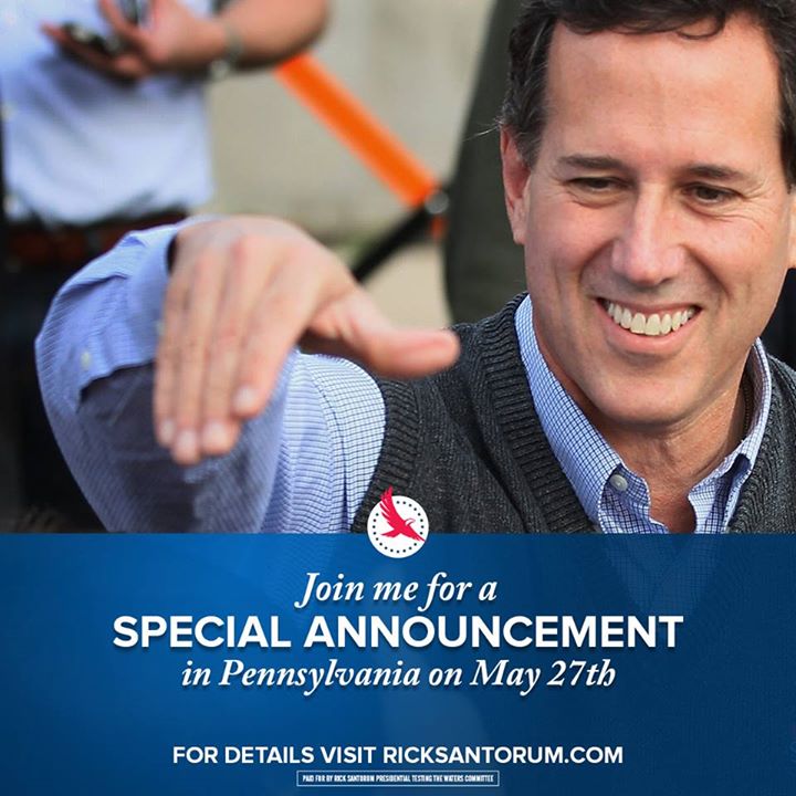 graphic for rick santorum announcement in cabot, pa on May 27, 2015