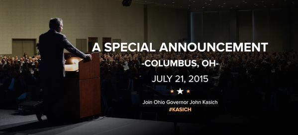 graphic for john kasich announcement in columbus, oh on july 21, 2015