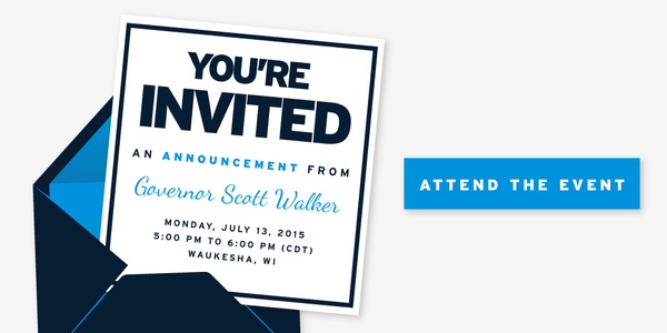 graphiic for scott walker announcement in waukesha, wi on july 13, 2015