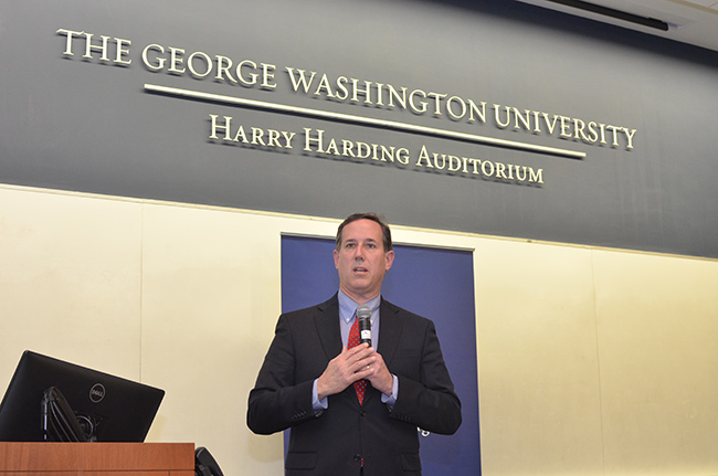 photo 1 of rick santorum speaking at gwu on march 30, 2015