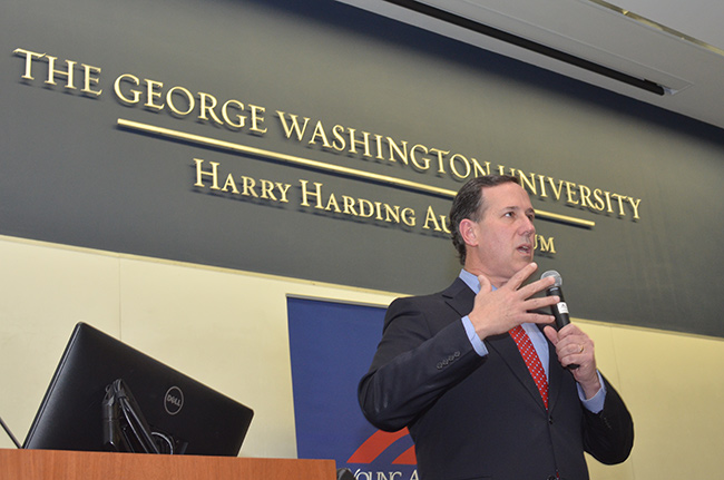 photo 2 of rick santorum speaking at gwu on march 30, 2015